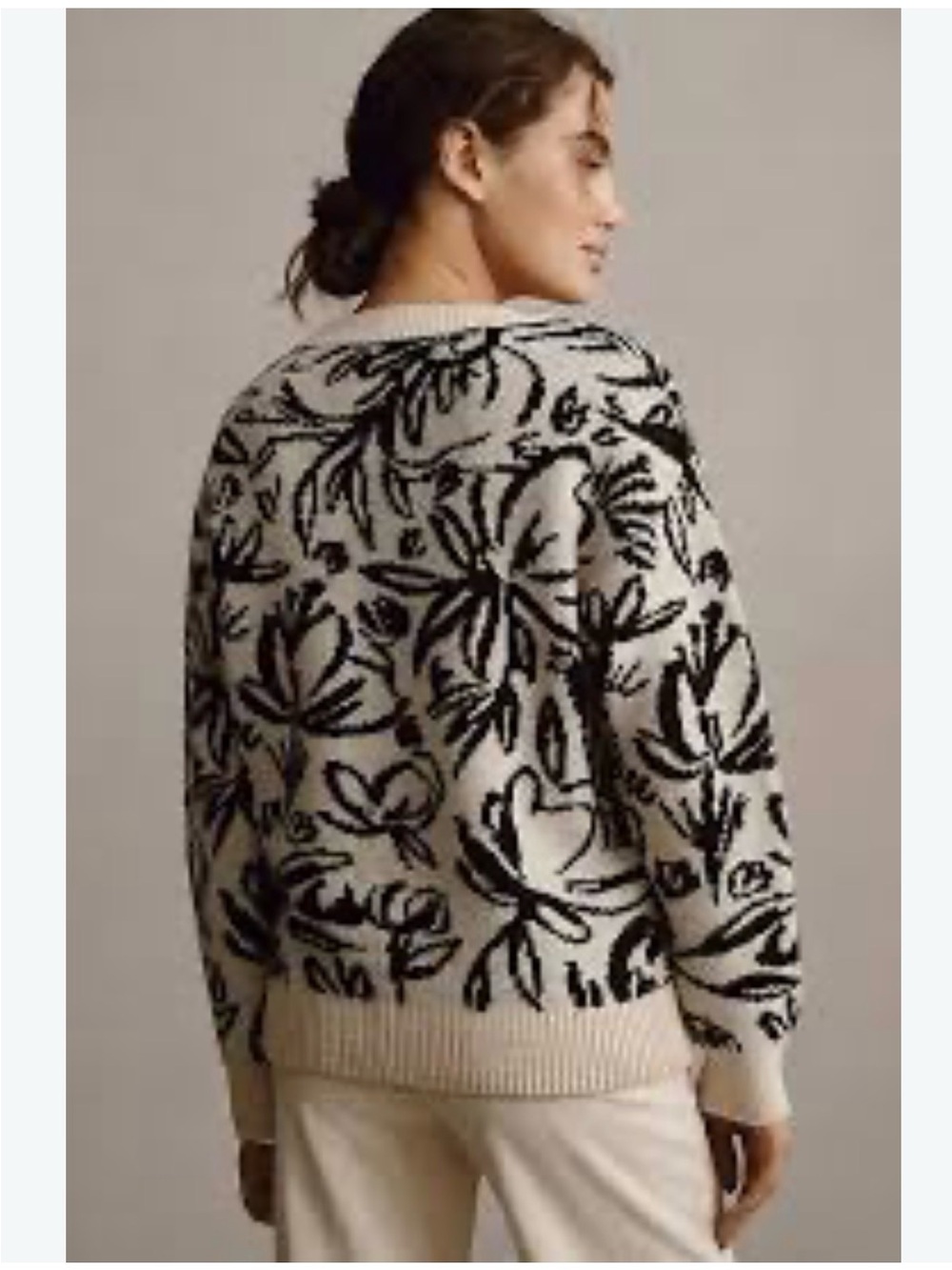 Anthropologie Floral Pop Embroidered Sweater with Black and Cream Floral Pattern